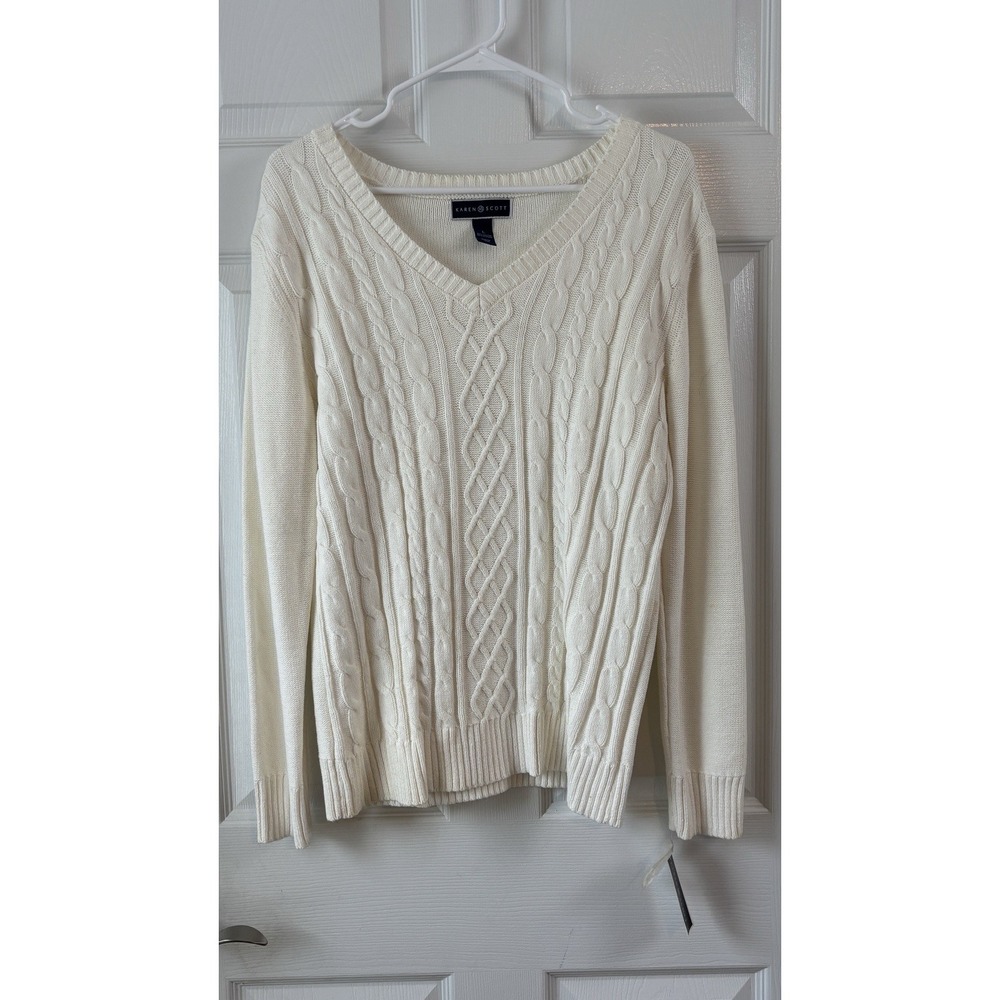 Karen Scott Sweater Womens Large Winter White Cable Knit V-Neck NWT